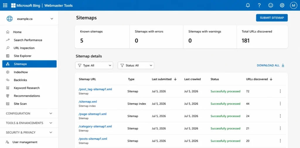 Bing Webmasters Tools Sitemaps